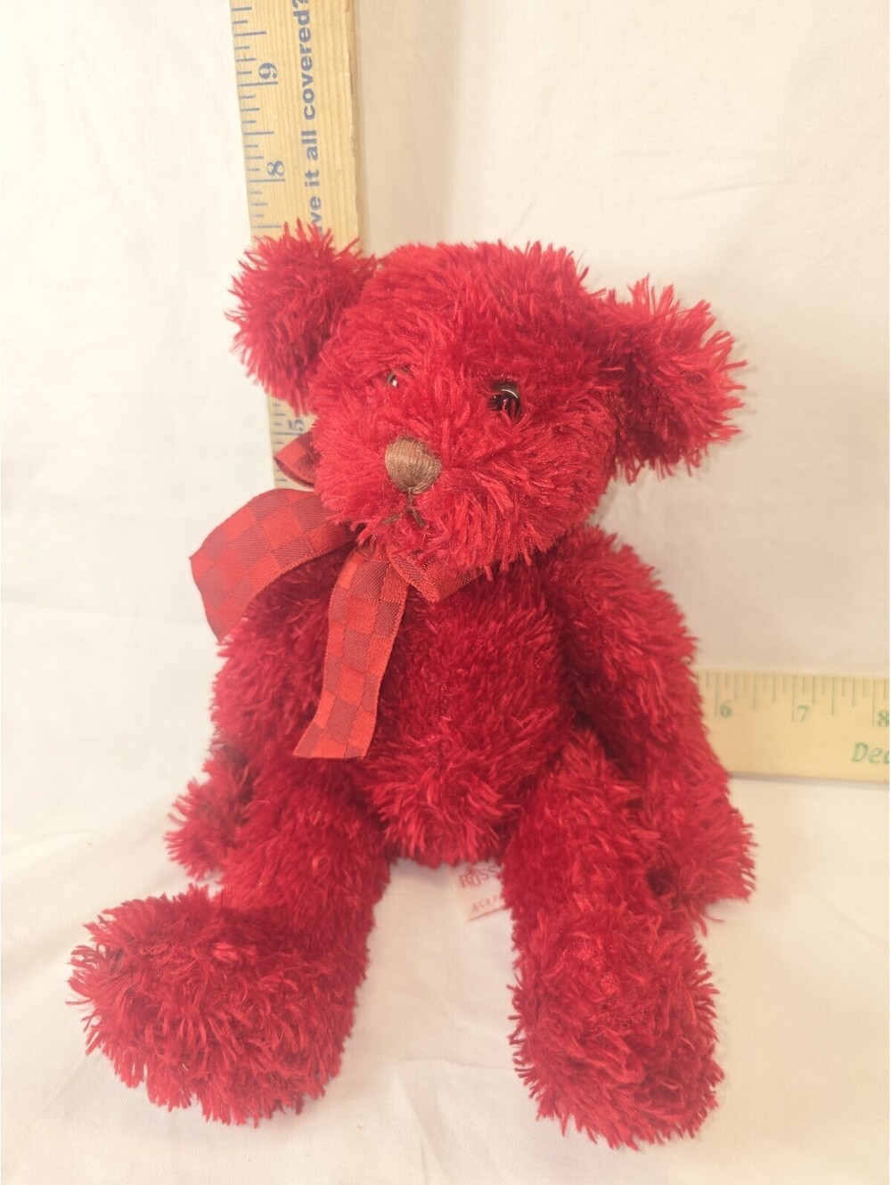 Vintage Russ Berrie Holly Red Shaggy Teddy Bear Plaid Ribbon Jointed Plush 9"